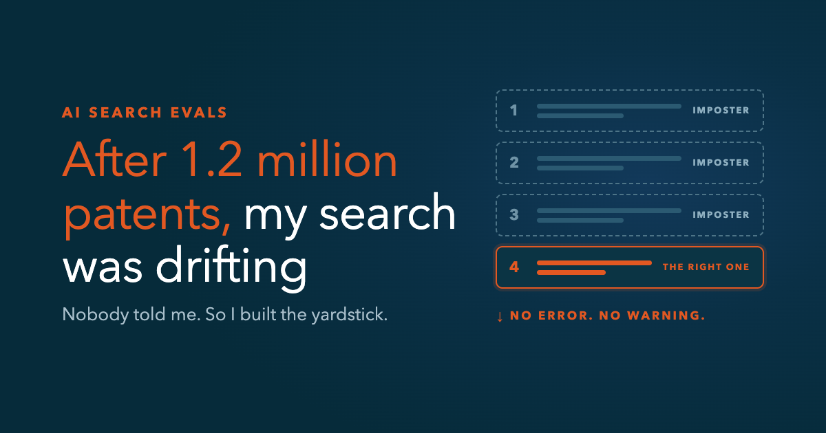 A search results list where three imposter results rank above the right patent, which has slipped to fourth, with the note: no error, no warning.